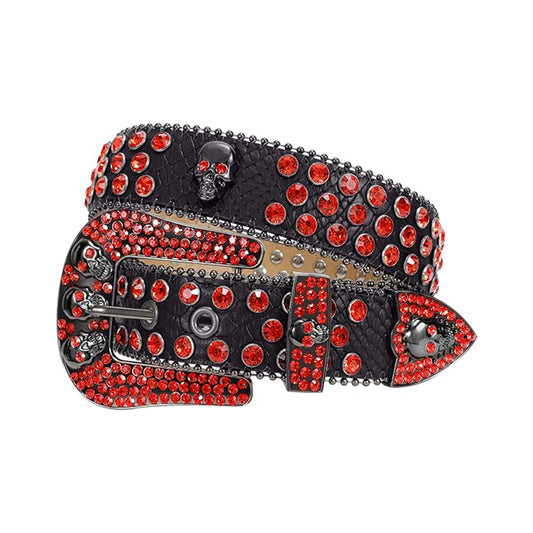 Skull Buckle Black Strap With Red Studded Rhinestone Belt