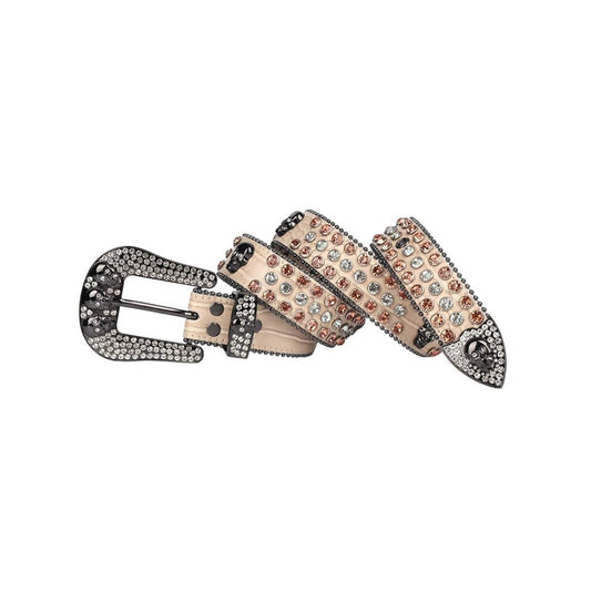 Skull Buckle Beige Strap With Beige & Crystal Studded Rhinestone Belt
