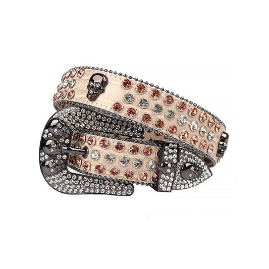 Skull Buckle Beige Strap With Beige & Crystal Studded Rhinestone Belt