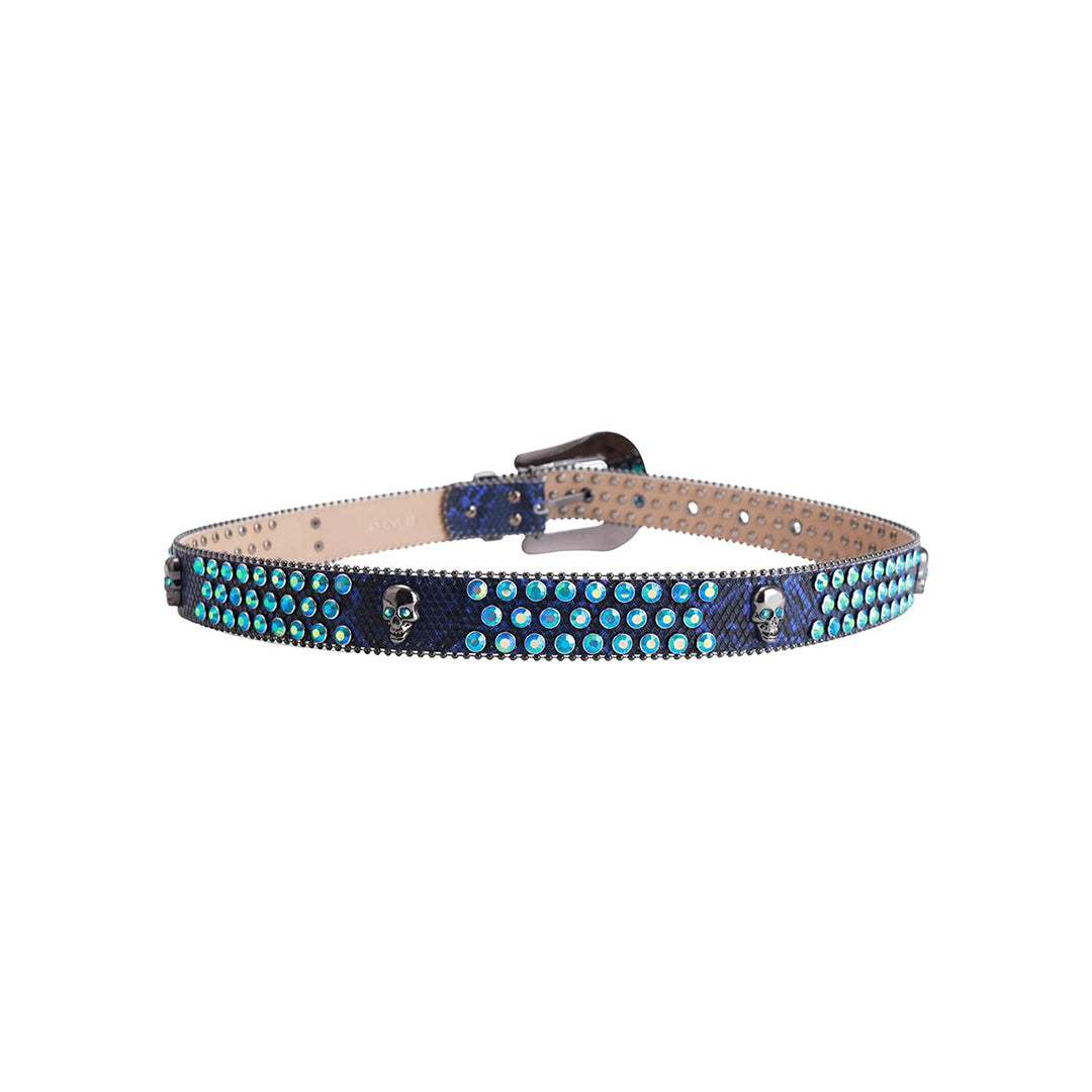 Skull Buckle Blue Strap With Aqua Studded Rhinestone Belt