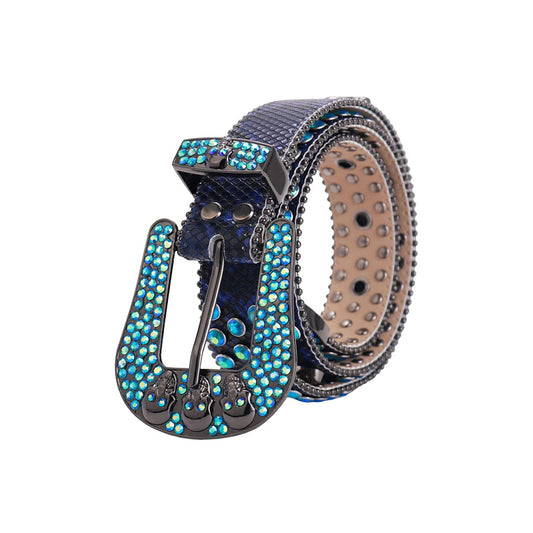 Skull Buckle Blue Strap With Aqua Studded Rhinestone Belt