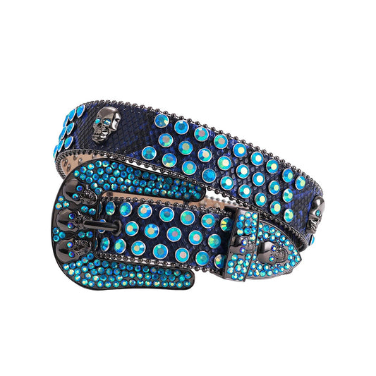 Skull Buckle Blue Strap With Aqua Studded Rhinestone Belt