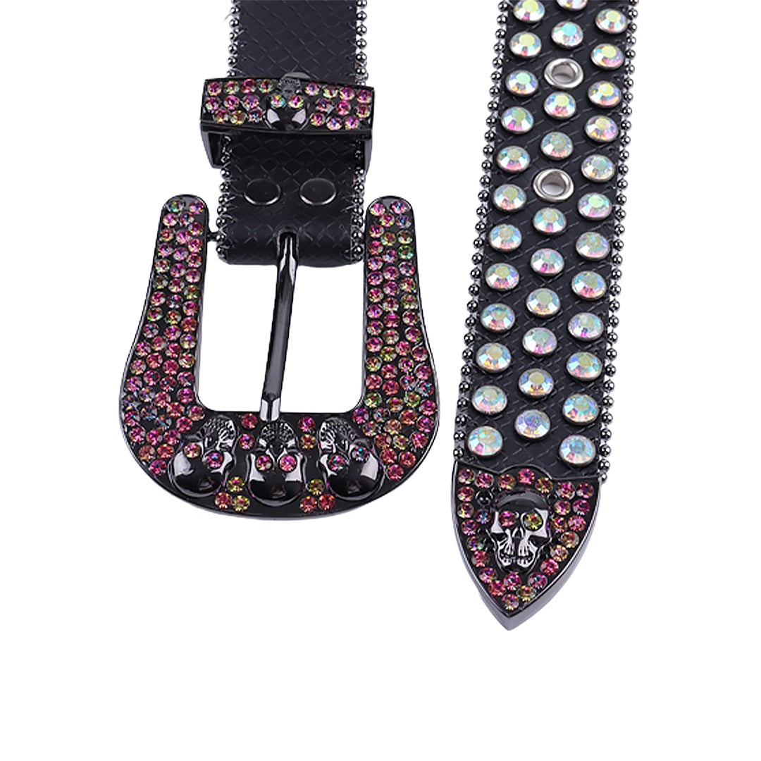 Skull Buckle Black Strap With Multi Studded Rhinestone Belt