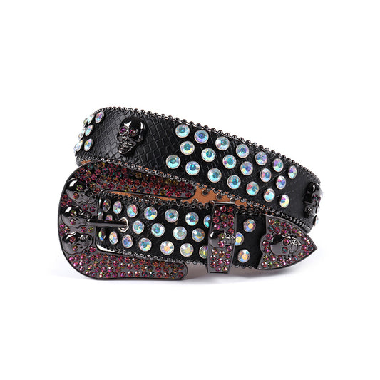 Skull Buckle Black Strap With Multi Studded Rhinestone Belt