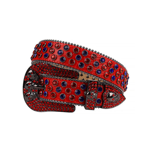 Skull Buckle Red Strap With Red & Blue Studded Rhinestone Belt