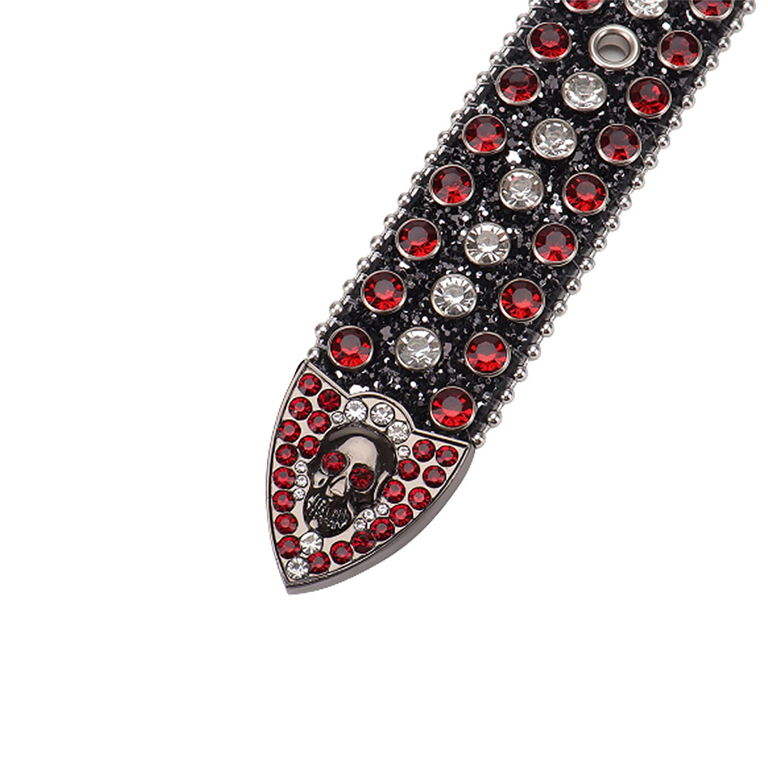 Skull Buckle Shiny Black Strap With Red & Crystal Studded Rhinestone Belt