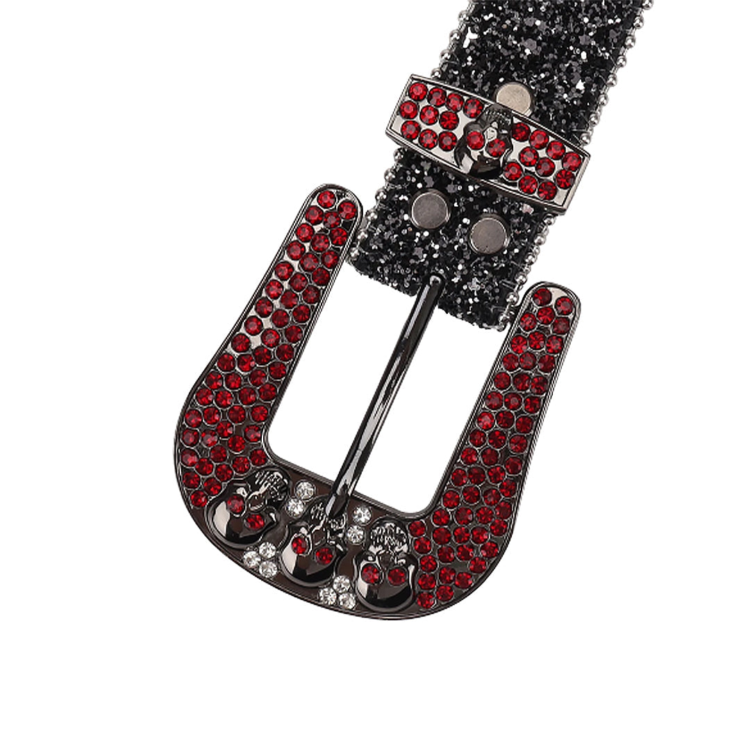 Skull Buckle Shiny Black Strap With Red & Crystal Studded Rhinestone Belt