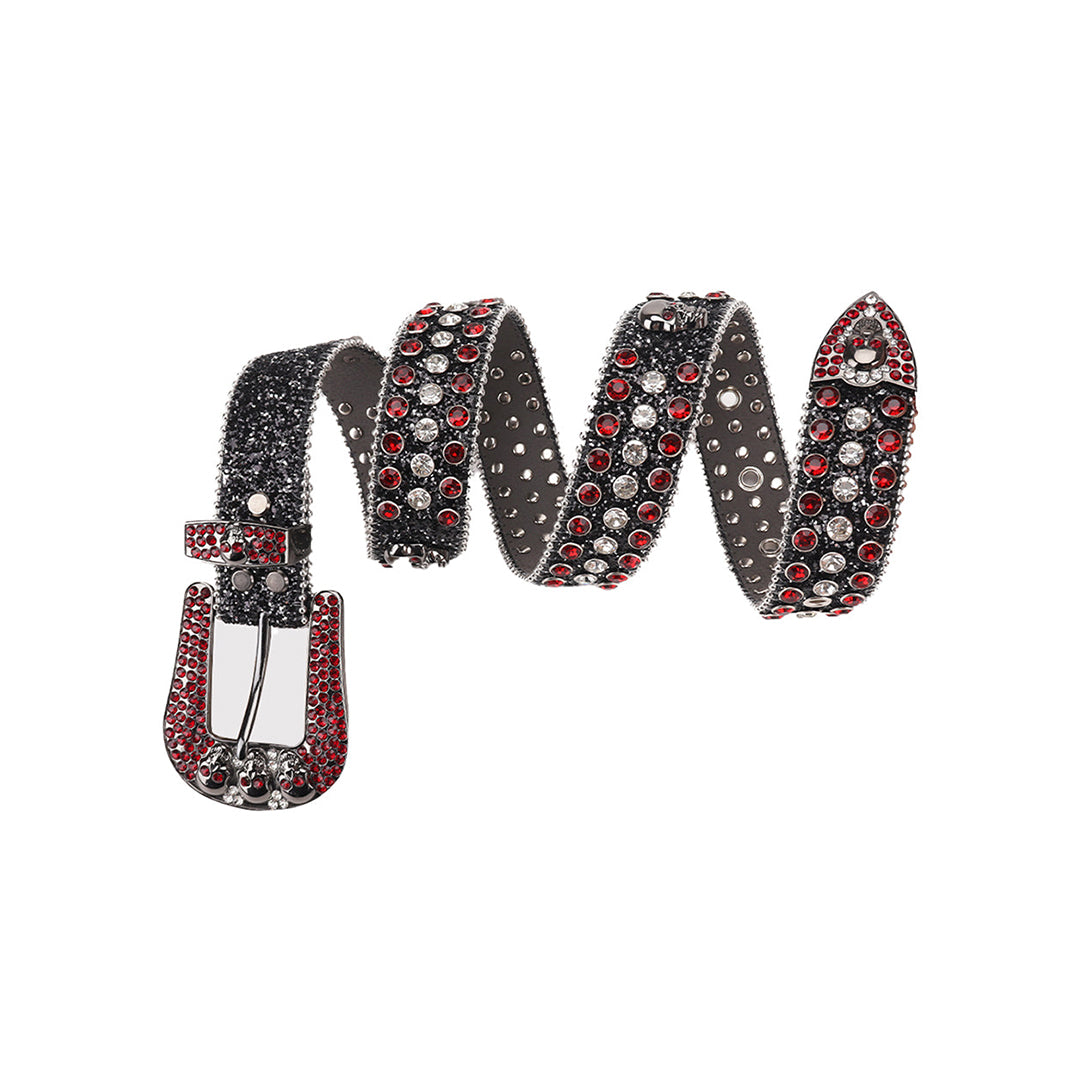 Skull Buckle Shiny Black Strap With Red & Crystal Studded Rhinestone Belt