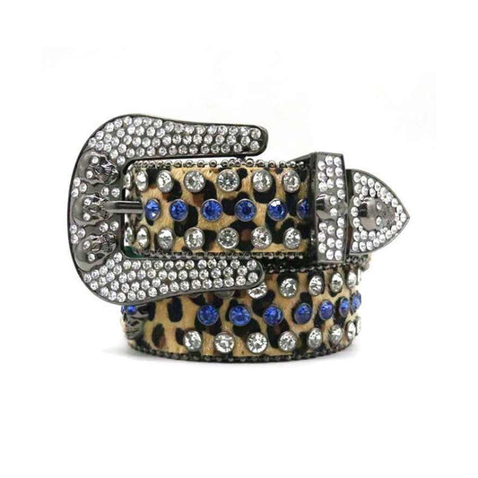 Skull Buckle Suede Leopard Print Strap With Blue & Crystal Studded Rhinestone Belt