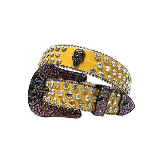 Skull Buckle Yellow Strap With Multi Studded Rhinestone Belt