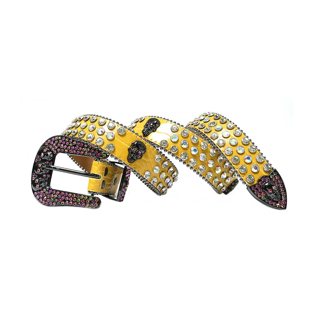 Skull Buckle Yellow Strap With Multi Studded Rhinestone Belt