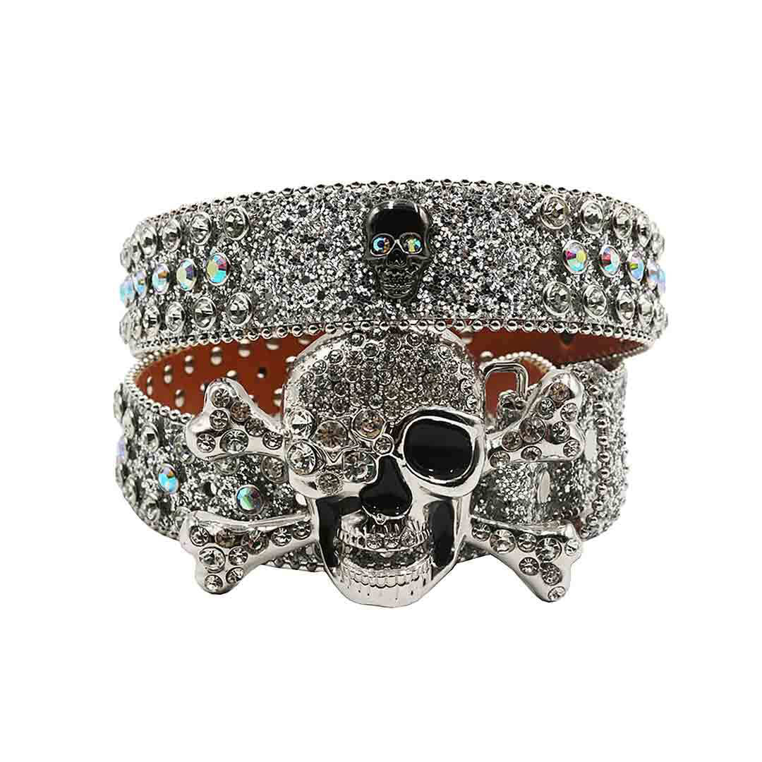 Metal Skull Buckle Shiny Silver Strap With Crystal Studded Rhinestone Belt