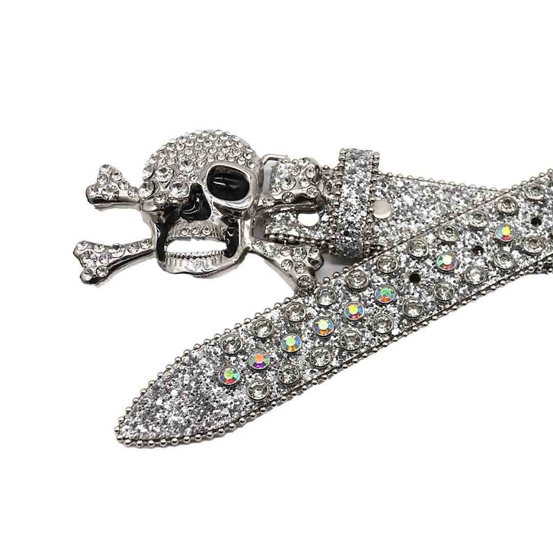 Metal Skull Buckle Shiny Silver Strap With Crystal Studded Rhinestone Belt