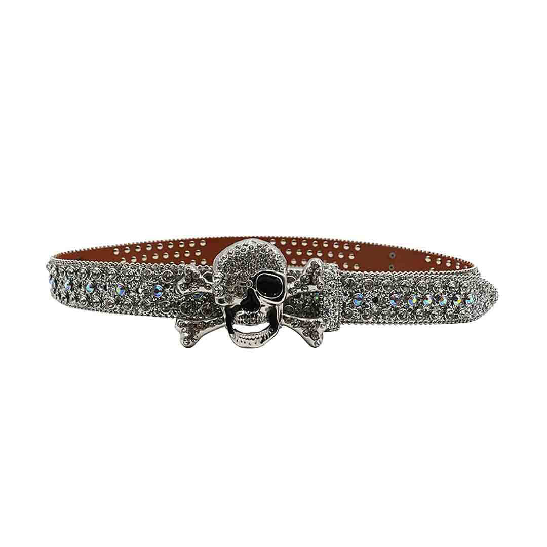 Metal Skull Buckle Shiny Silver Strap With Crystal Studded Rhinestone Belt