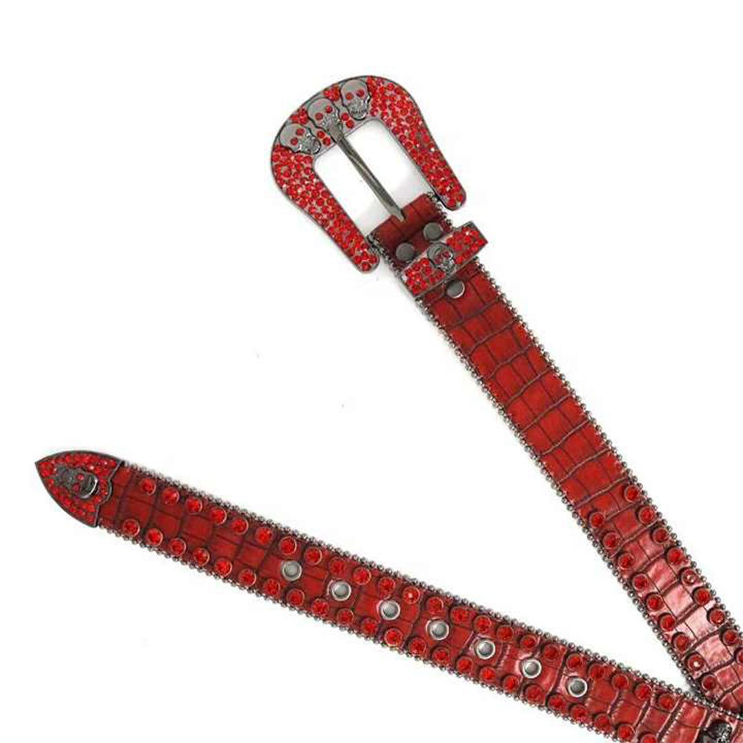 Skull Buckle Textured Red Strap With Red Studded Rhinestone Belt