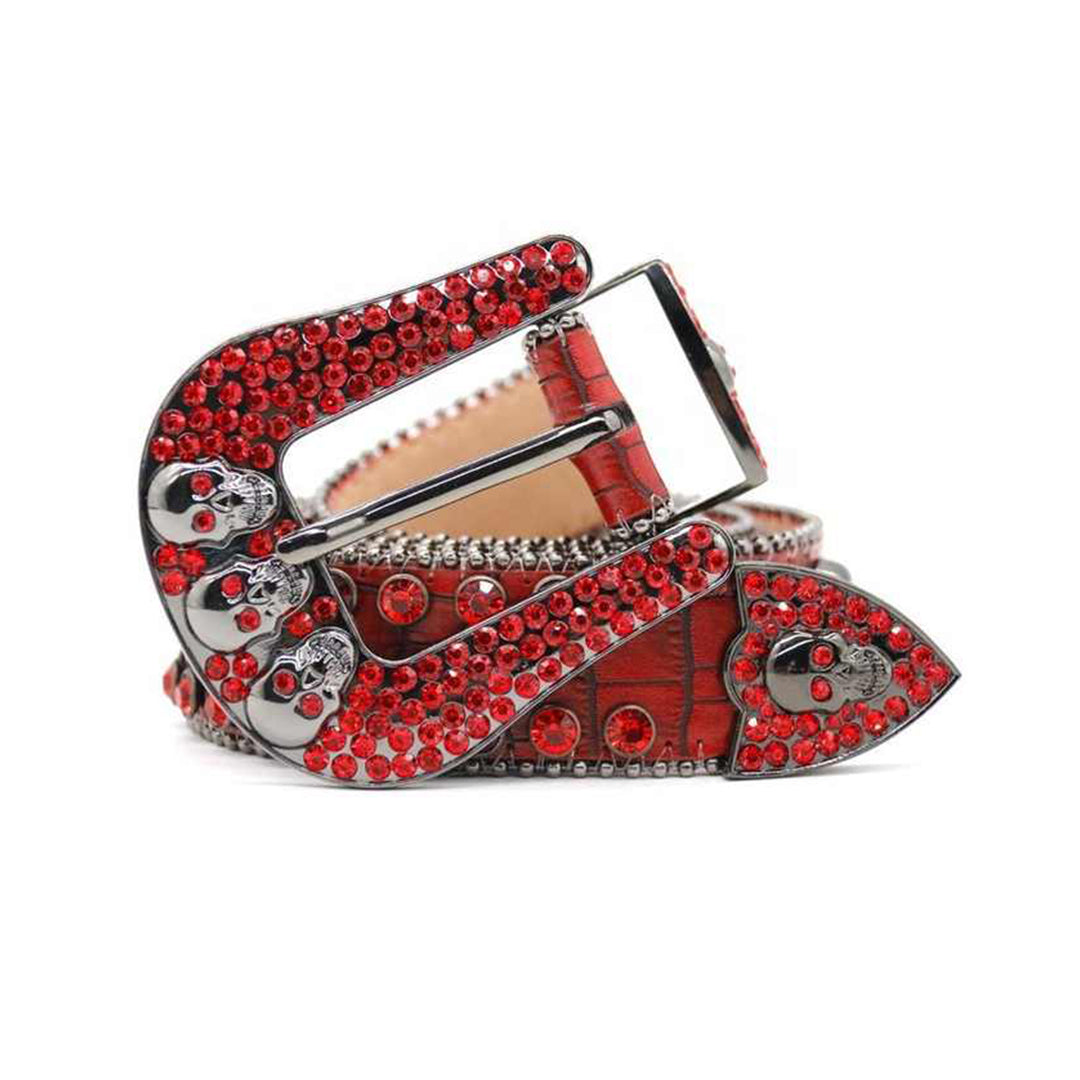Skull Buckle Textured Red Strap With Red Studded Rhinestone Belt