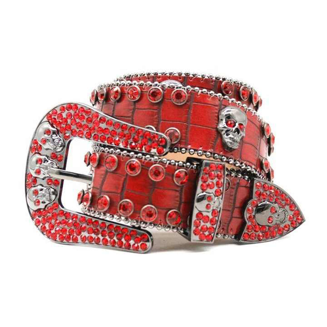 Skull Buckle Textured Red Strap With Red Studded Rhinestone Belt