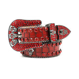 Skull Buckle Textured Red Strap With Red Studded Rhinestone Belt