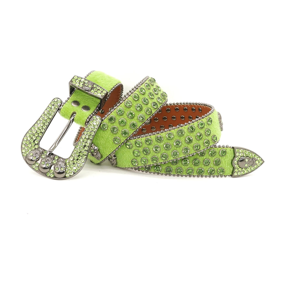 Skull Buckle Suede Green Strap With Green Studded Rhinestone Belt