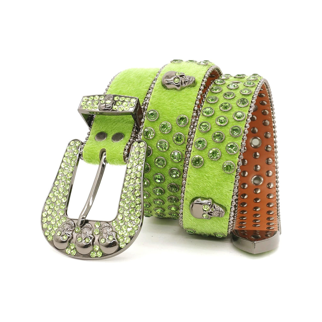 Skull Buckle Suede Green Strap With Green Studded Rhinestone Belt