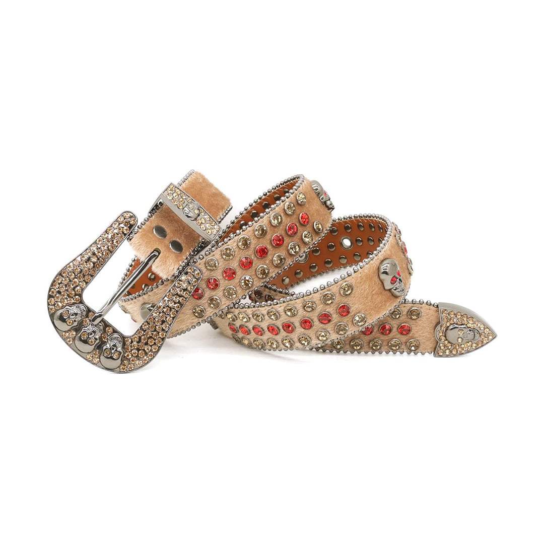 Skull Buckle Suede Brown Strap With Brown & Red Studded Rhinestone Belt