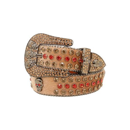 Skull Buckle Suede Brown Strap With Brown & Red Studded Rhinestone Belt