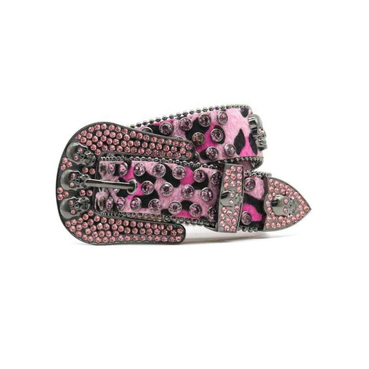 Skull Buckle Suede Pink Patterned Strap With Pink Studded Rhinestone Belt