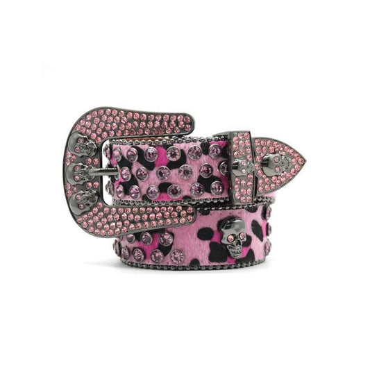 Skull Buckle Suede Pink Patterned Strap With Pink Studded Rhinestone Belt