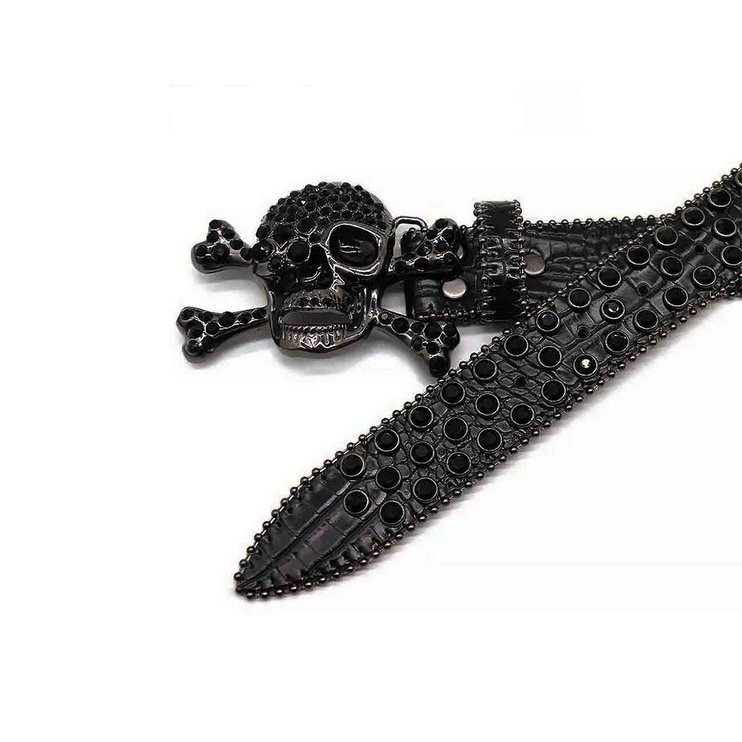 Metal Skull Buckle Black Strap With Black Studded Rhinestone Belt