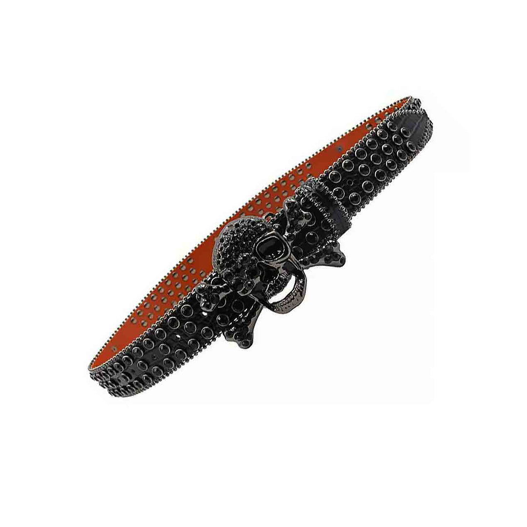 Metal Skull Buckle Black Strap With Black Studded Rhinestone Belt