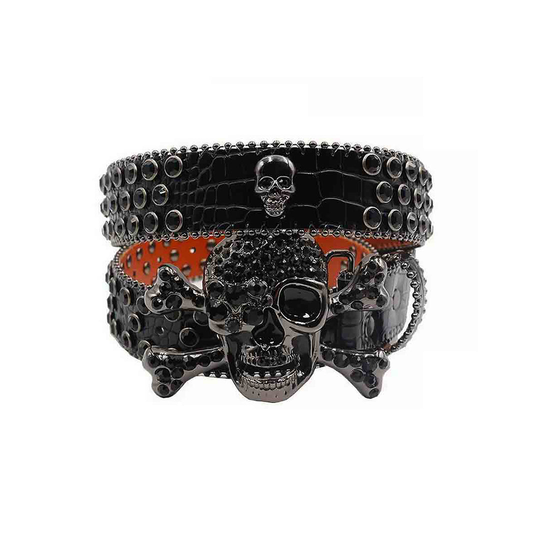 Metal Skull Buckle Black Strap With Black Studded Rhinestone Belt