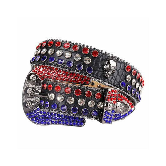 Skull Buckle Black Strap With Blue & Red Studded Rhinestone Belt