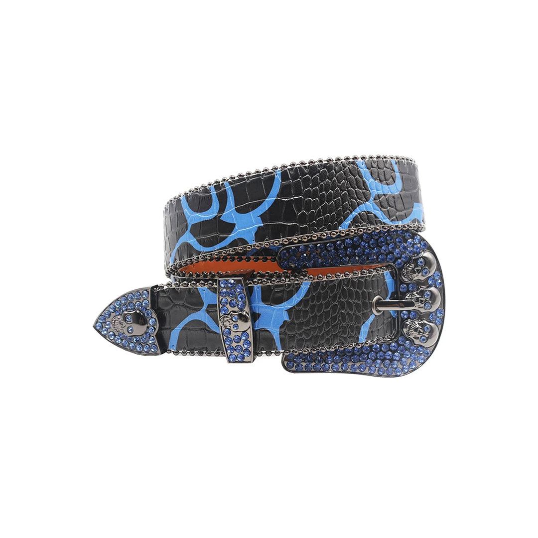 Skull Buckle Black Strap With Blue Studded Rhinestone Belt