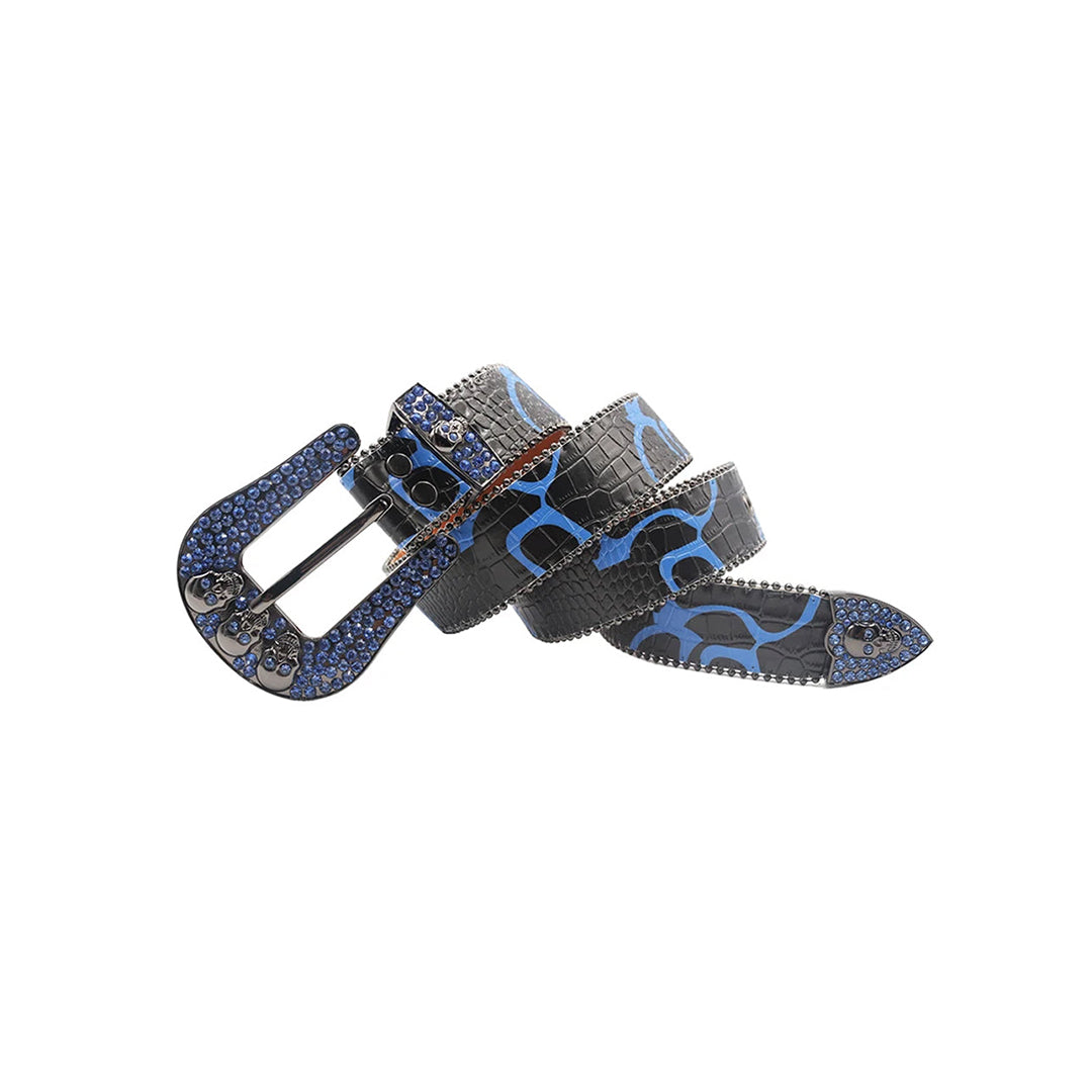 Skull Buckle Black Strap With Blue Studded Rhinestone Belt