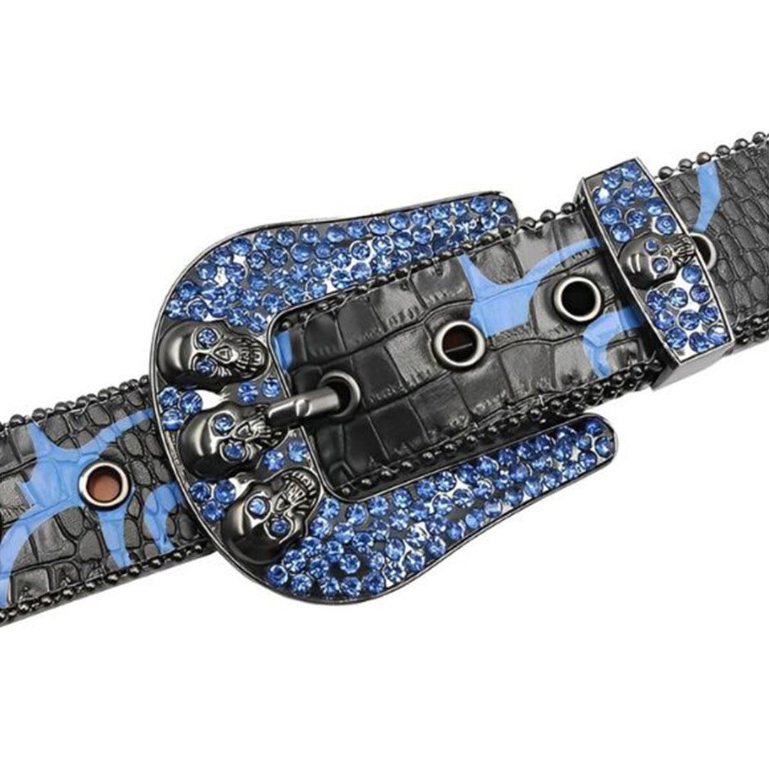 Skull Buckle Black Strap With Blue Studded Rhinestone Belt