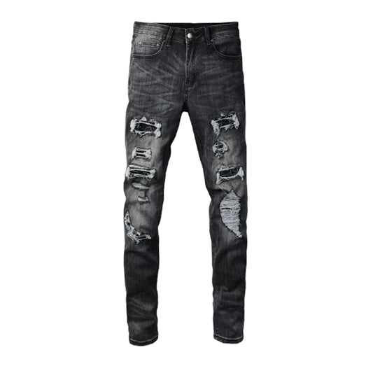 Men's Patch Holes Ripped Distressed Denim Jeans