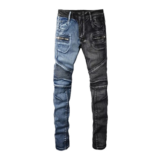 Men's Moto Dual Color Spliced Denim Jeans