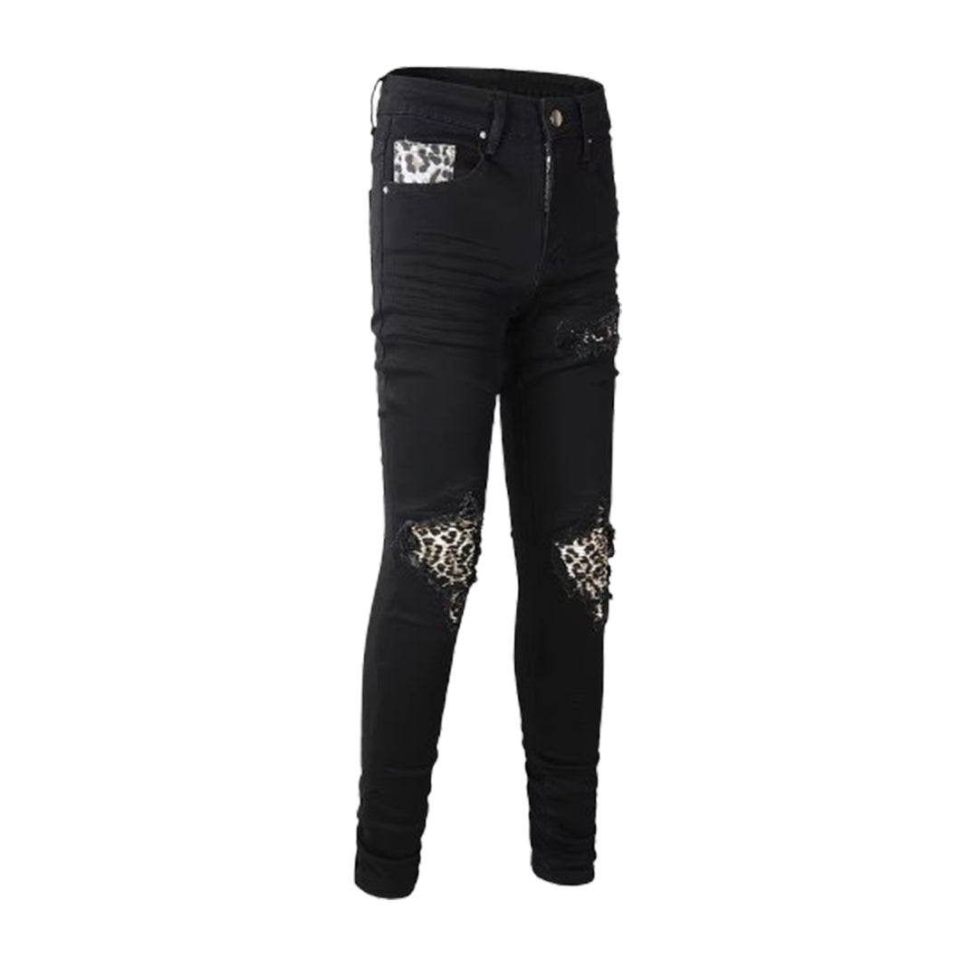 Men's Leopard Print Patch Skinny Denim Jeans