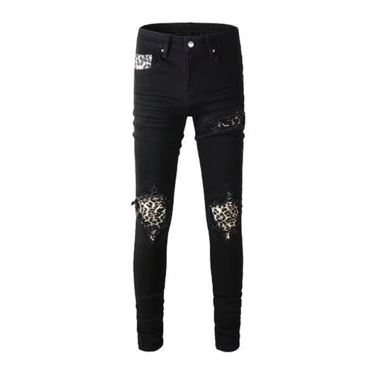 Men's Leopard Print Patch Skinny Denim Jeans