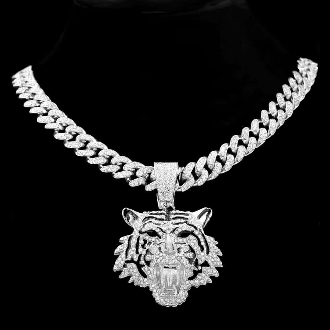 Iced Out Crystal Tiger Pendant Necklace