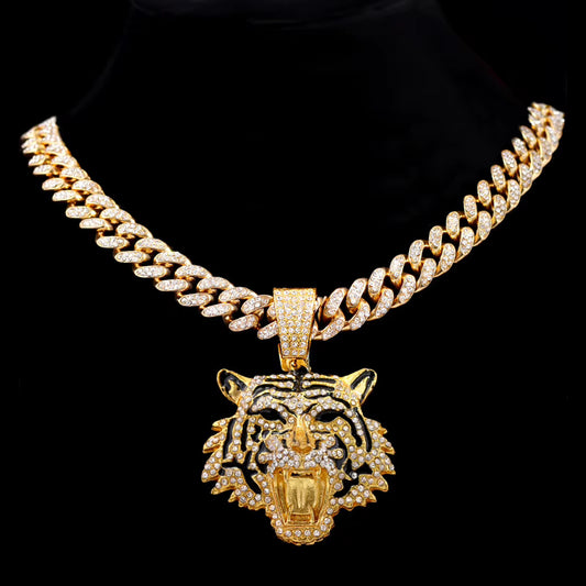 Iced Out Crystal Tiger Pendant Necklace