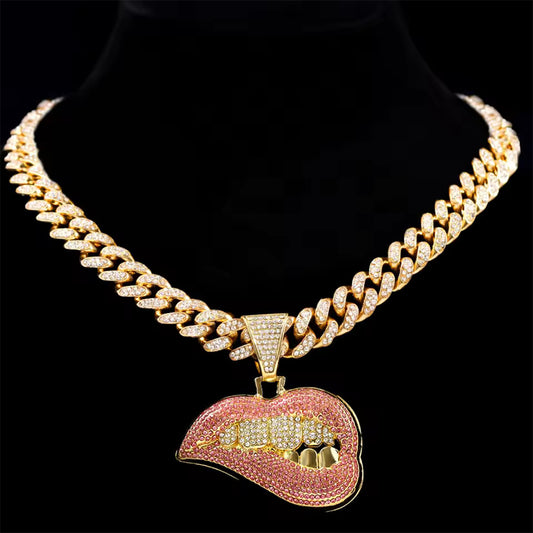 Iced Out Hip Hop Bite Lip Shape Necklace