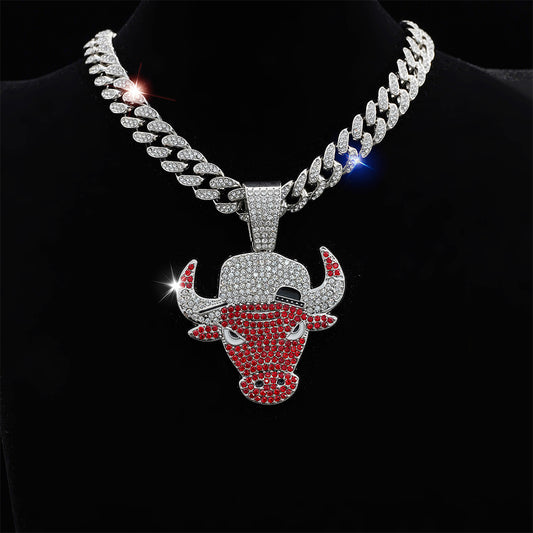 Iced Out Bling Red Bull Necklace