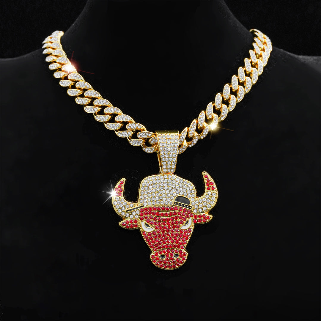 Iced Out Bling Red Bull Necklace