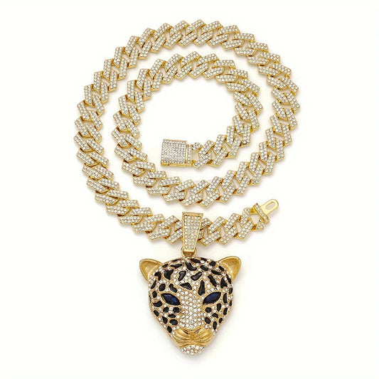 Iced Out Zinc Alloy Diamond Leopard Pendant Necklace