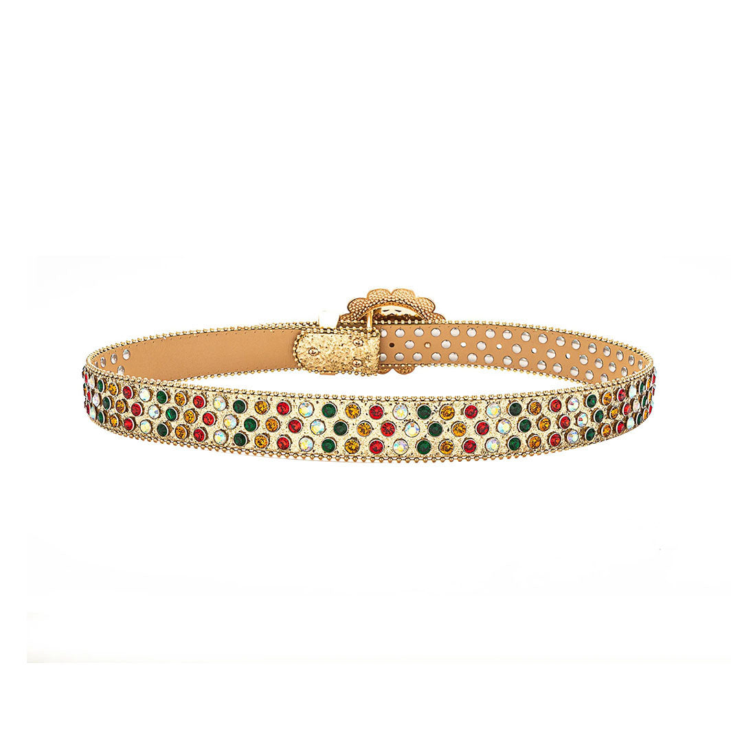 Floral Buckle Gold Strap With Multi Studded Rhinestone Belt