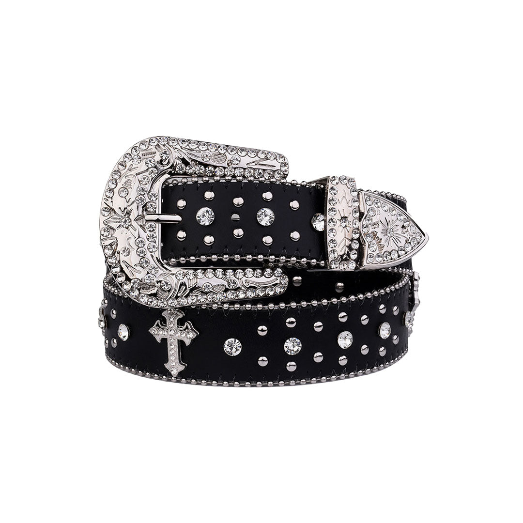 Engraved Buckle Black Strap With Crystal Studded Cross Rhinestone Belt