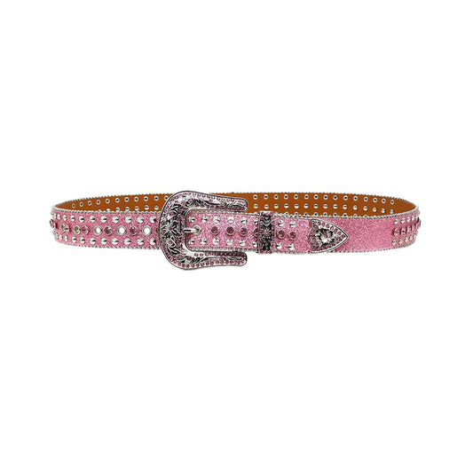 Pink Strap With Metal Studded Cross Rhinestone Belt