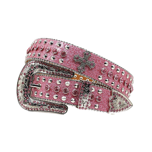 Pink Strap With Metal Studded Cross Rhinestone Belt