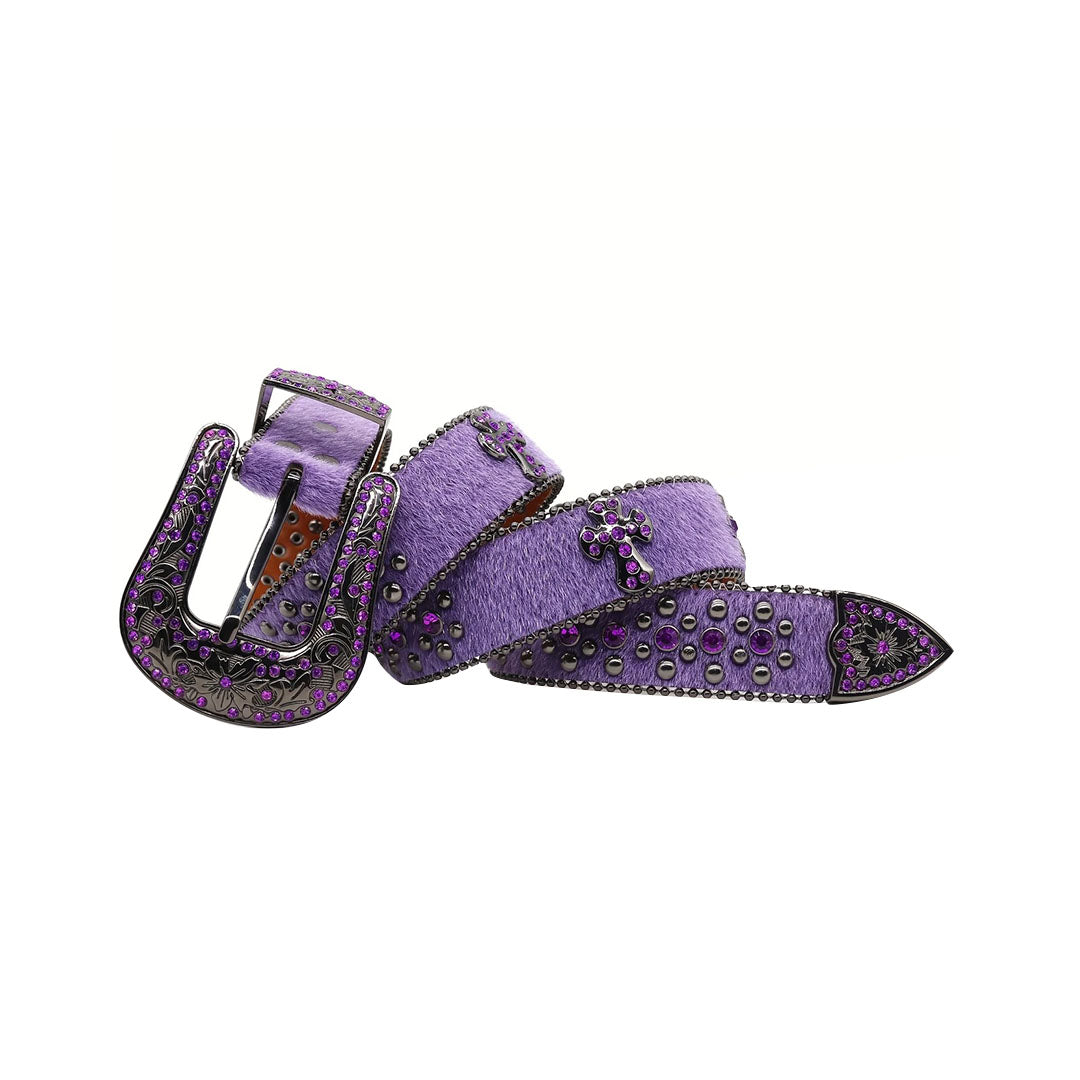Suede Purple Strap With Bold Purple Cross Rhinestone Belt